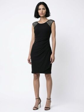 R&M Richards Black Embellished Cap-Sleeve Midi Sheath Dress